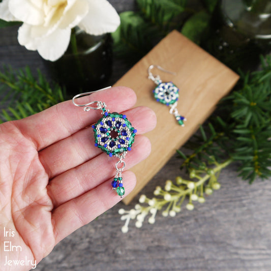 Cobalt Blue and Green Czech Glass Beadwork Dangle Earrings