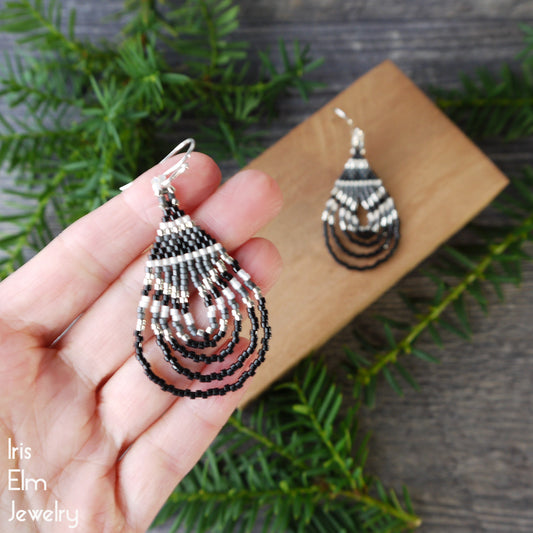 Black and Grey Boho Teardrop Seed Bead Earrings