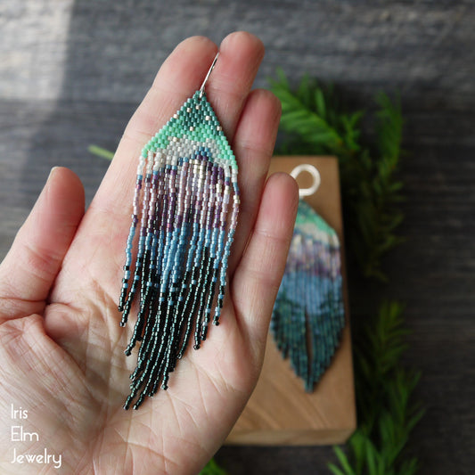 Forest Lake and Mountain Seed Bead Fringe Nature Earrings