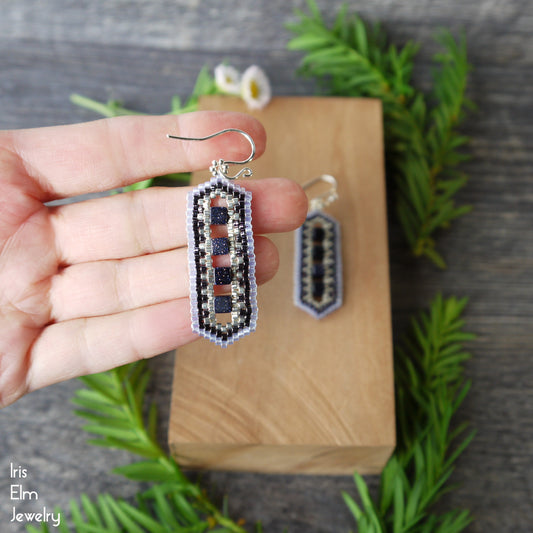 Blue Goldstone Cube Bead Woven Dangle Earrings
