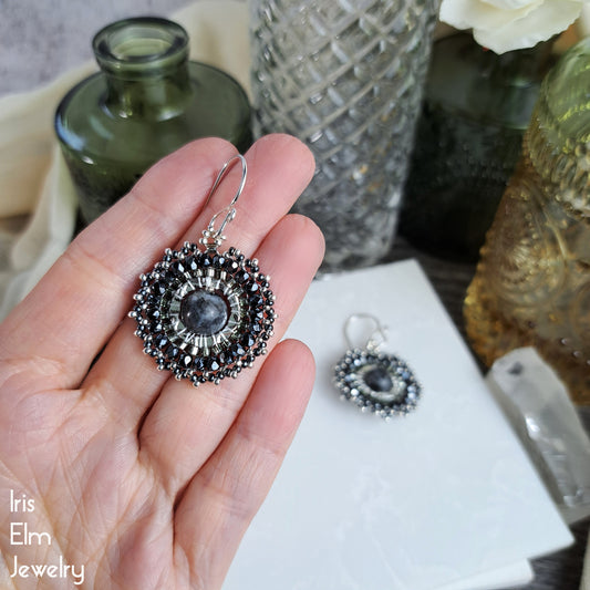 Dark Grey Larvikite and Czech Glass Hoop Beadwork Earrings