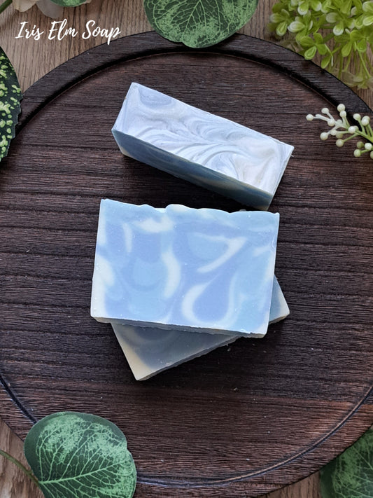 Two bars of gentlemen handmade masculine soap with a wavy pattern on a wooden surface, surrounded by green leaves.