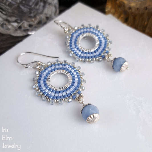 Angelite Light Blue Beaded Hoop Dangle Earrings