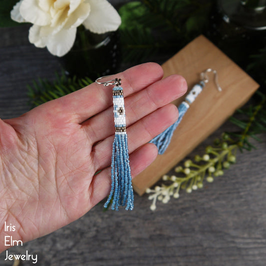 Blue, White, and Bronze Boho Tassel Seed Bead Earrings