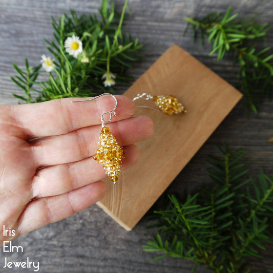 Topaz Yellow Woven Glass Bead Vintage Style Earrings