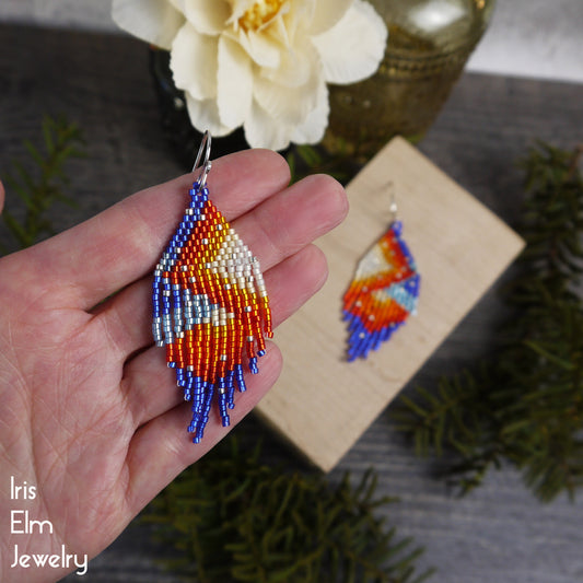 Red, Orange, Blue, and White Small Fringe Glass Seed Bead Earrings