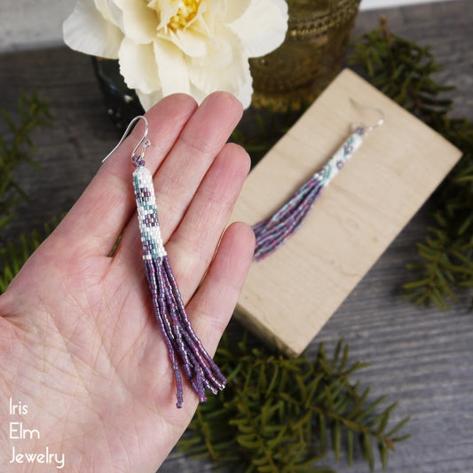 Iridescent Pink Purple Flower Seed Bead Tassel Earrings