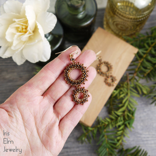 Brown Seed Bead Beadwork Double Hoop Wreath Earrings