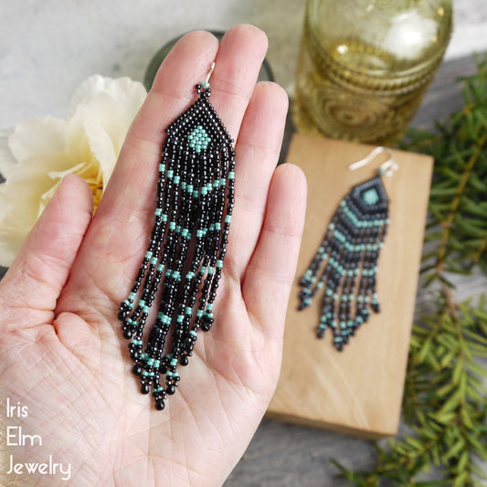 Turquoise Blue and Black Striped Glass Seed Bead Fringe Earrings