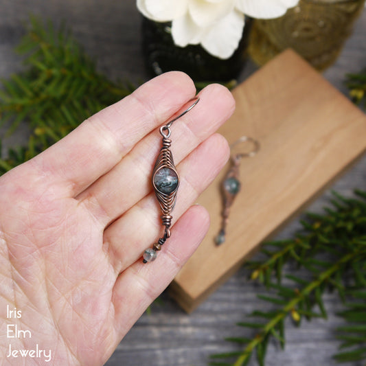 Green Moss Agate Copper Wire Herringbone Earrings