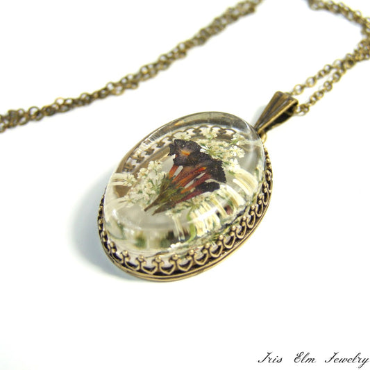 Dark Purple Pressed Wildflower in Resin Pendant Necklace