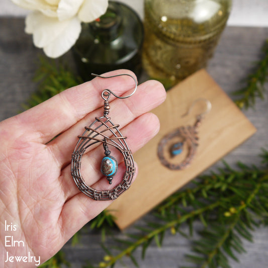 Blue Sky Jasper Copper Wire Woven Teardrop Earrings