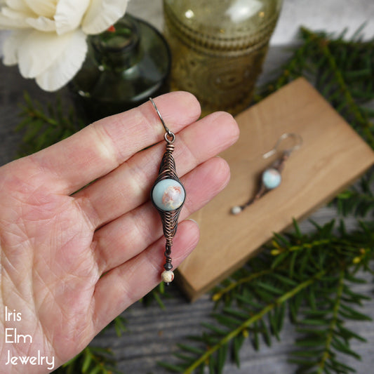 Impression Jasper Copper Wire Wrapped Herringbone Earrings