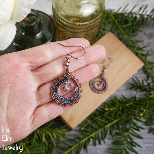 Blue Glass Beaded Copper Spiral Wire Woven Earrings
