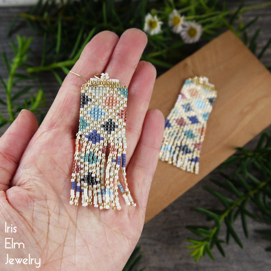 Jewel Tone Diamond Pattern Seed Bead Fringe Earrings
