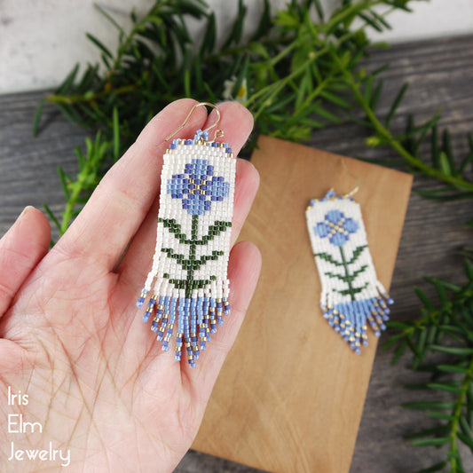 Blue Flower Folk Art Woven Fringe Earrings