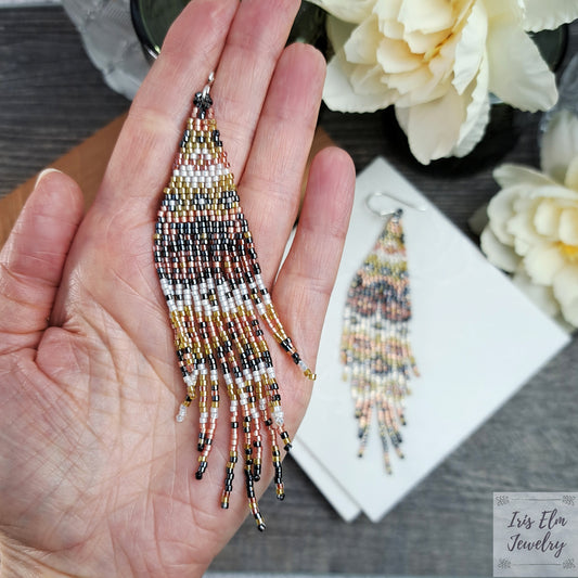 Bohemian Pink, Yellow, White, and Grey Patterned Seed Bead Fringe Earrings