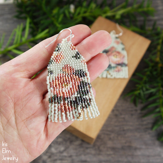 Victorian Peach and Mint Green Rose Fringe Earrings