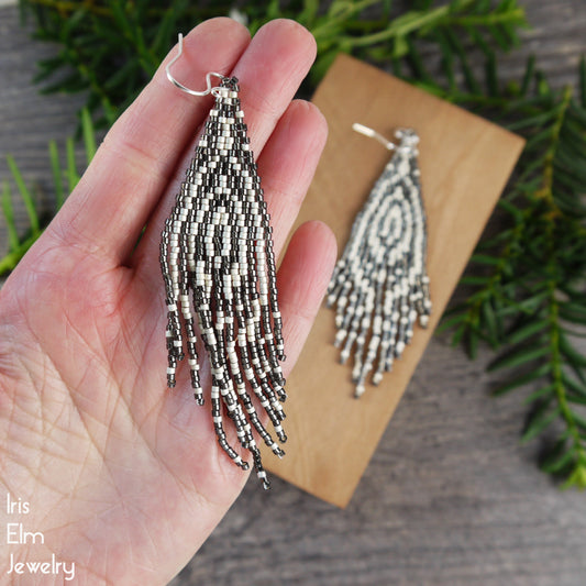 Bohemian Art Deco Zebra Grey Seed Bead Fringe Earrings