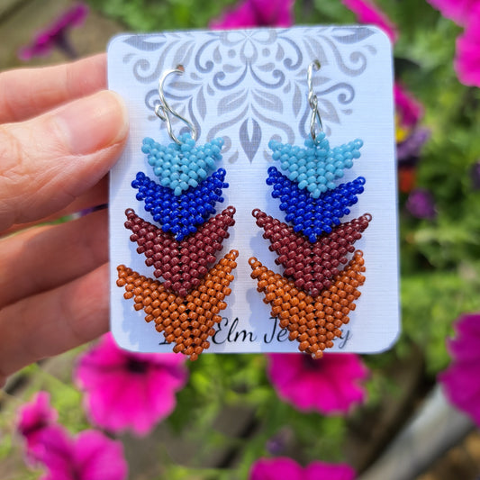 Blue and Rust Orange Brown Tiered Triangle Beaded Earrings