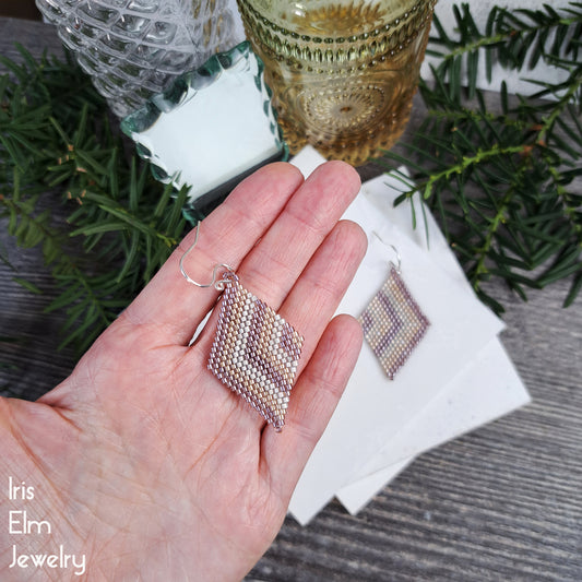 Pink, Grey, and Golden Chevron Diamond Seed Bead Earrings