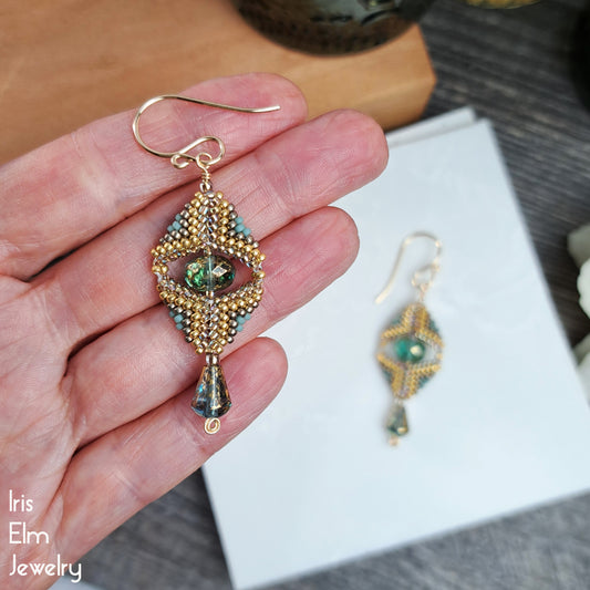 Art Deco Aqua and Gold Glass Beadwork Earrings