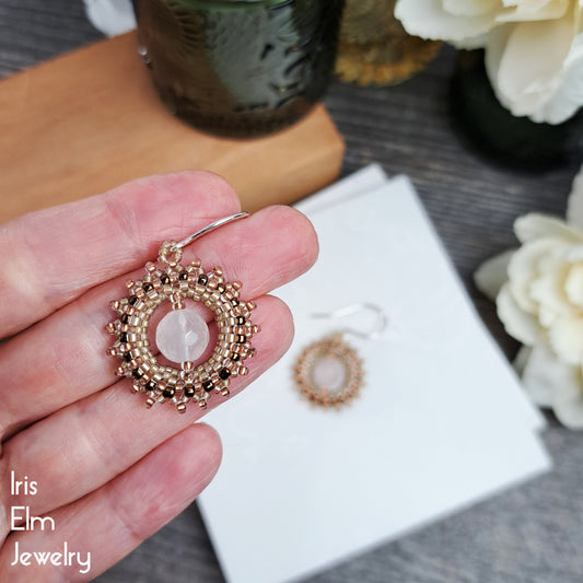 Pale Pink Rose Quartz Beadwoven Wreath Earrings