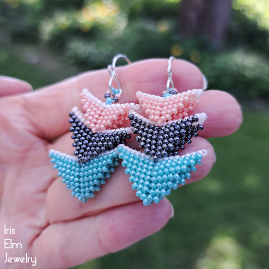 Coral Pink, Charcoal Grey, and Turquoise Tiered Triangle Seed Bead Earrings
