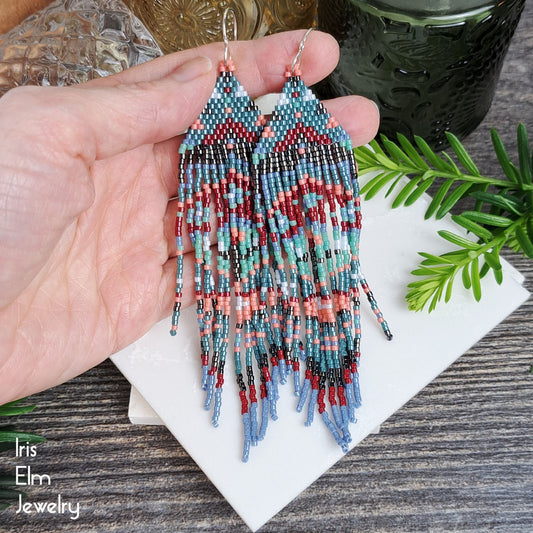 Blue, Red, Mint Green, and Coral Bohemian Folk Art Fringe Earrings