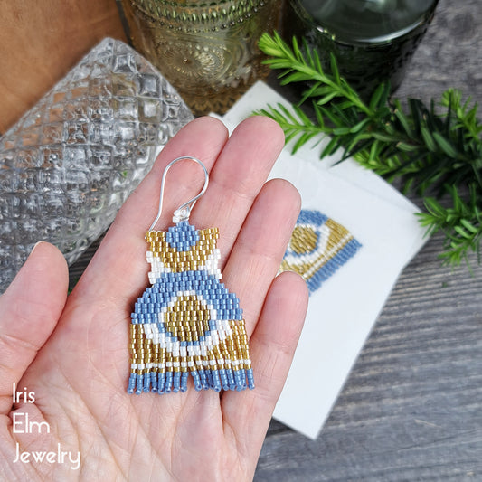 Yellow and Blue Modern Half Circle Seed Bead Fringe Earrings