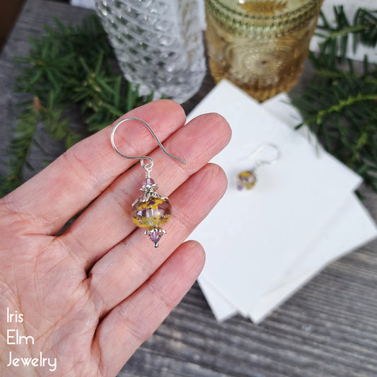Small Purple and Yellow Wildflower Resin Drop Earrings with Amethyst