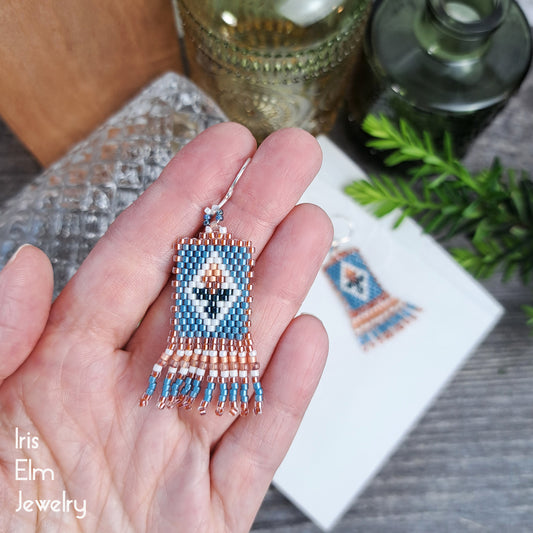 Small Blue and Peach Tulip Glass Beaded Fringe Earrings