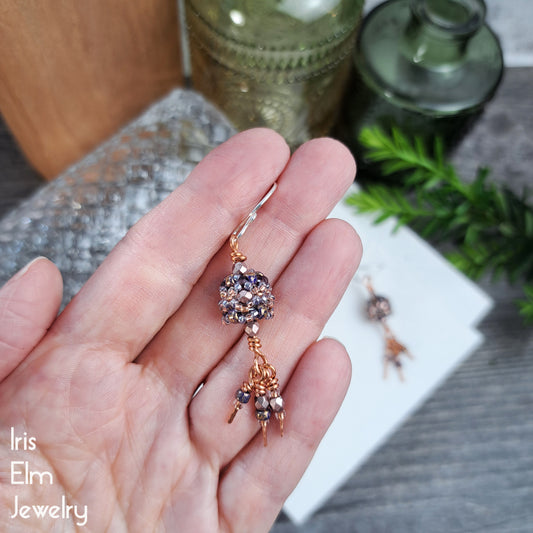 Mauve Purple Glass Beadwork and Copper Dangle Earrings