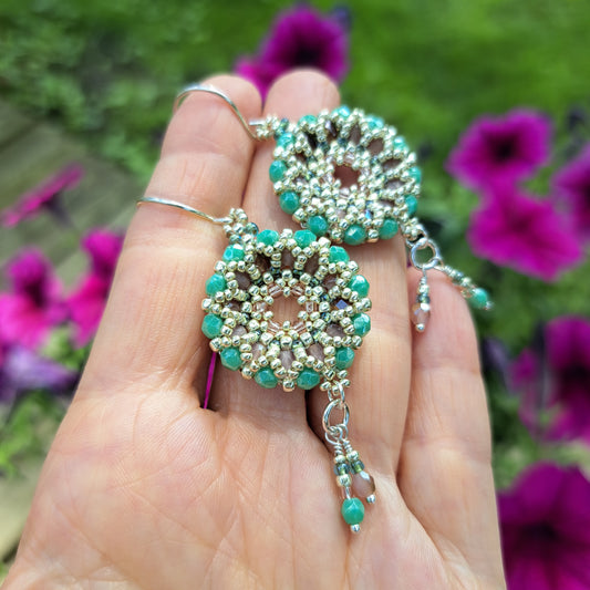 Turquoise and Pink Czech Glass Beadwork Wreath Hoop Earrings