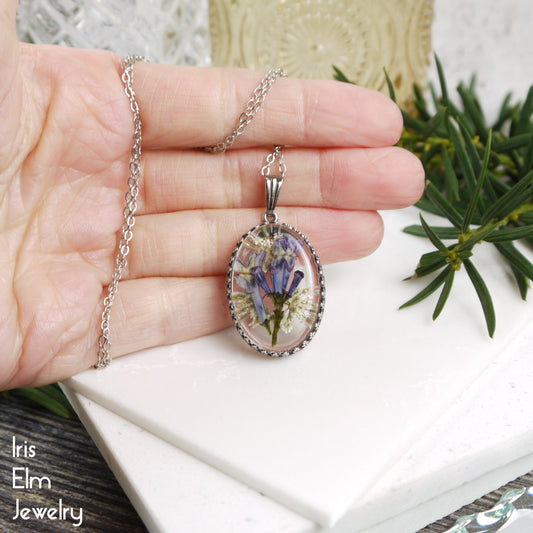 Purple Lilac Pressed Flower in Resin Pendant Necklace - Antiqued Silver Tone