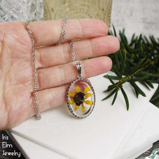 Yellow Brown-Eyed Susan Minnesota Wildflower Pendant Necklace - Antiqued Silver Tone