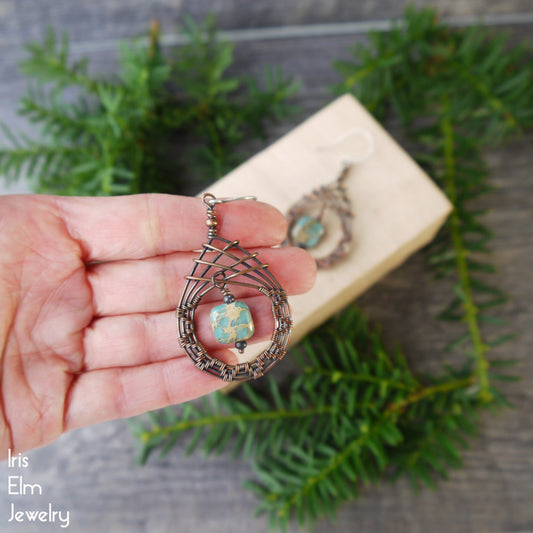 Aqua Terra Jasper Copper Wire Woven Teardrop Earrings