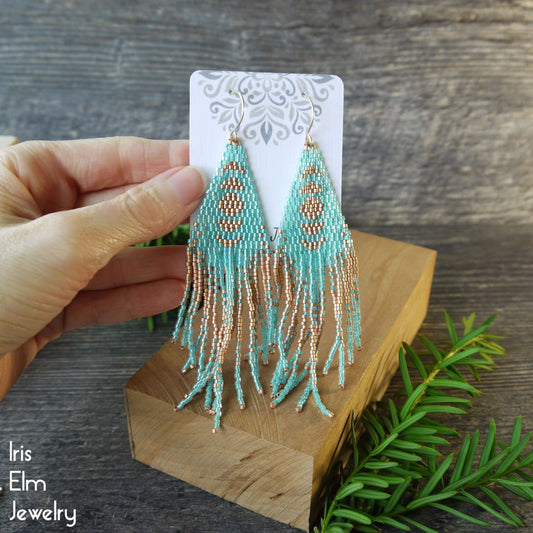 Aqua and Peach Copper Moon Phase Seed Bead Boho Fringe Earrings