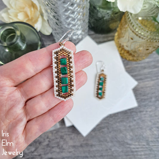 Green Malachite Cube Beadwork Dangle Earrings