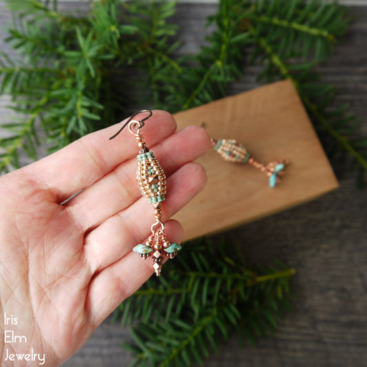 Copper and Turquoise Glass Boho Beadwork Dangle Earrings