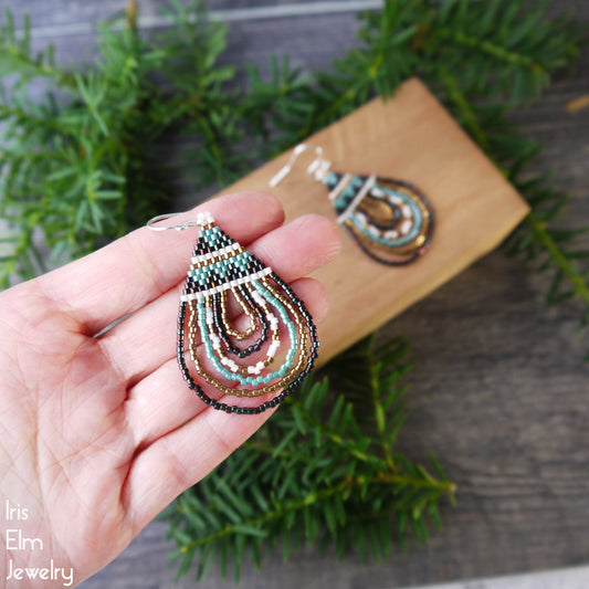 Aqua Blue and Bronze Seed Bead Teardrop Boho Earrings