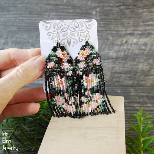 Black and Pink Cherry Blossom Seed Bead Fringe Earrings
