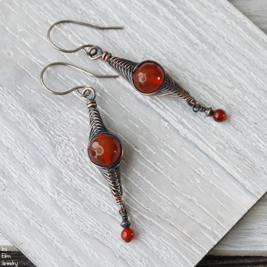 Red Agate Copper Wire Herringbone Dangle Earrings