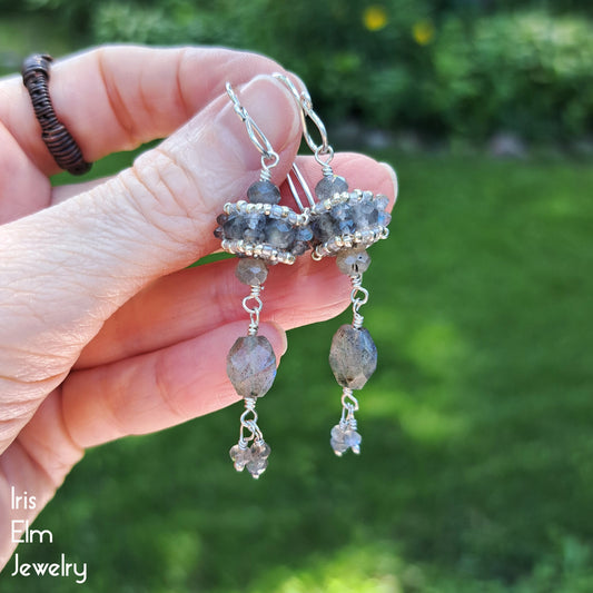 Faceted Labradorite Beadwork Dangle Earrings