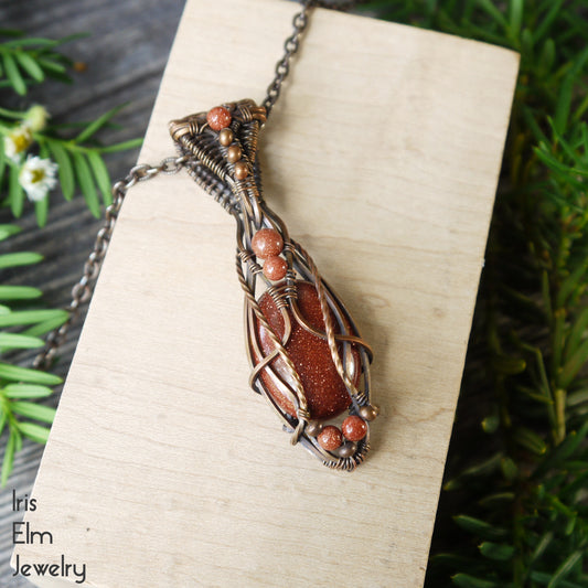 Elven Brown Goldstone Wire Wrapped Copper Necklace