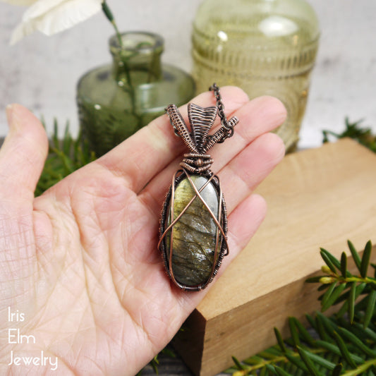 Labradorite Unique Stone Copper Wire Wrapped Pendant Necklace