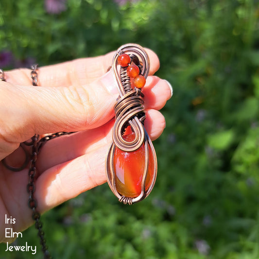 Red Agate Copper Wire Wrapped Pendant Necklace
