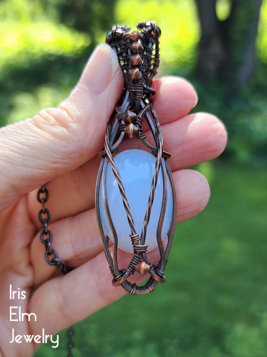 White Opalite Elven Wire Wrapped Copper Pendant Necklace