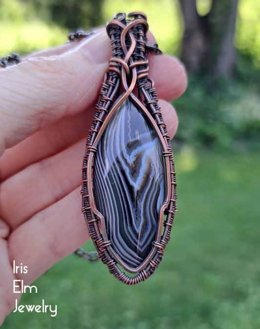 Striped Black Agate Copper Wire Wrapped Pendant Necklace