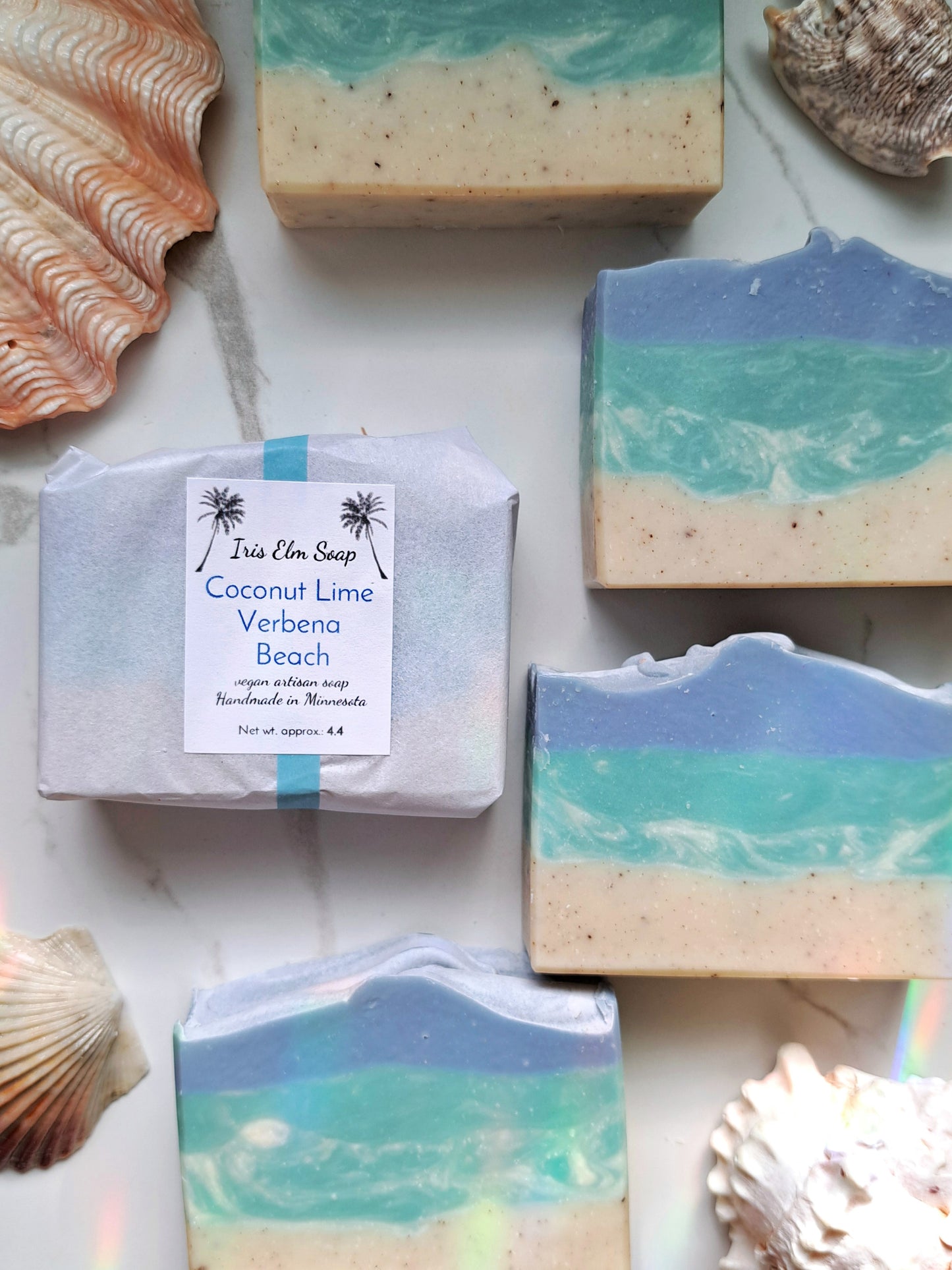 Coconut Lime Verbena Beach soap bars with a bar of soap labeled 'Iris Elm Soap' on a white surface with seashells.